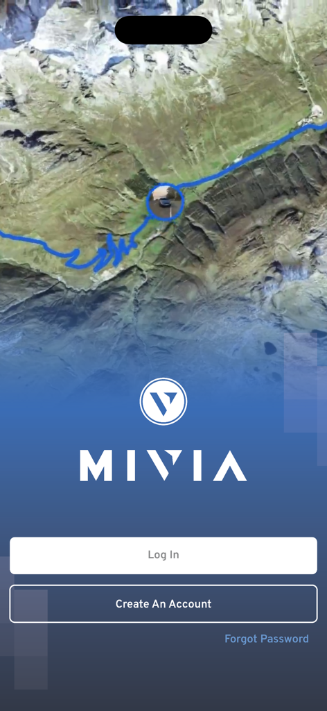 MIVIA 2.0 - Écran de connexion de l'application MIVIA 2.0 avec une carte de route pittoresque en arrière-plan.