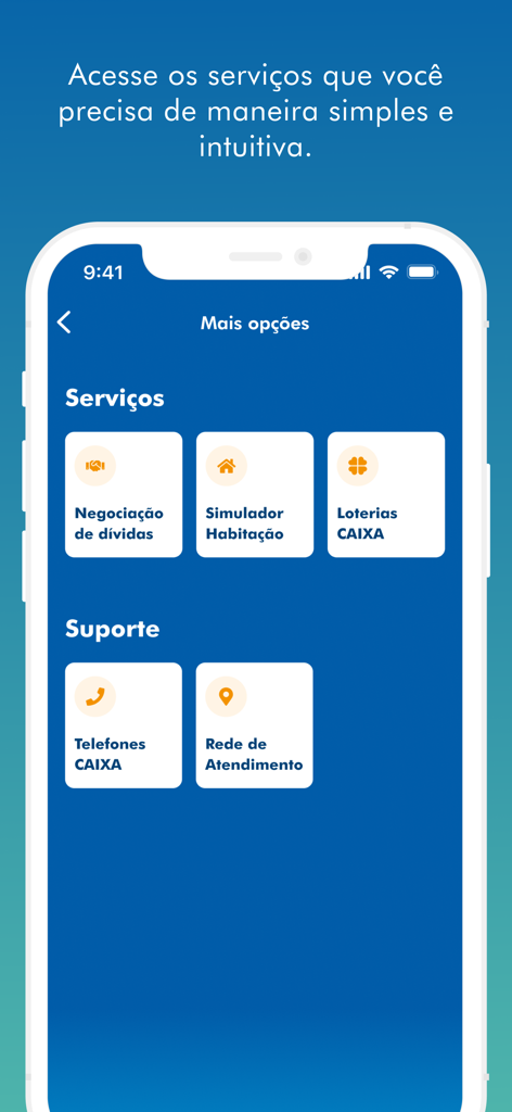 Sou CAIXA - Interface do aplicativo Sou CAIXA exibindo um menu com vários serviços bancários e opções de suporte
