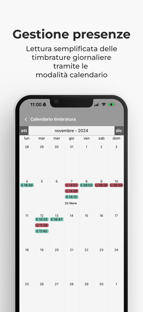 CPeople app attendance management calendar showing employee clock-in and clock-out times