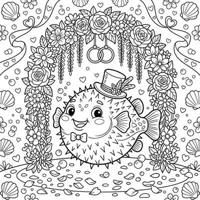 Get ready to color an incredibly charming pufferfish dressed up for a special wedding celebration. This unique design brings underwater charm to a festive matrimonial scene, perfect for spreading joy.