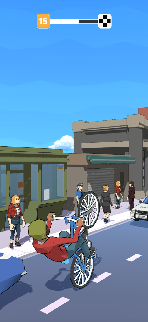 Wheelie Up - Character performing a bike wheelie on an urban street in Wheelie Up