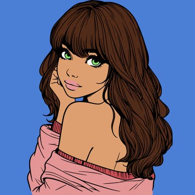 realistic girl with bangs looking over her shoulder