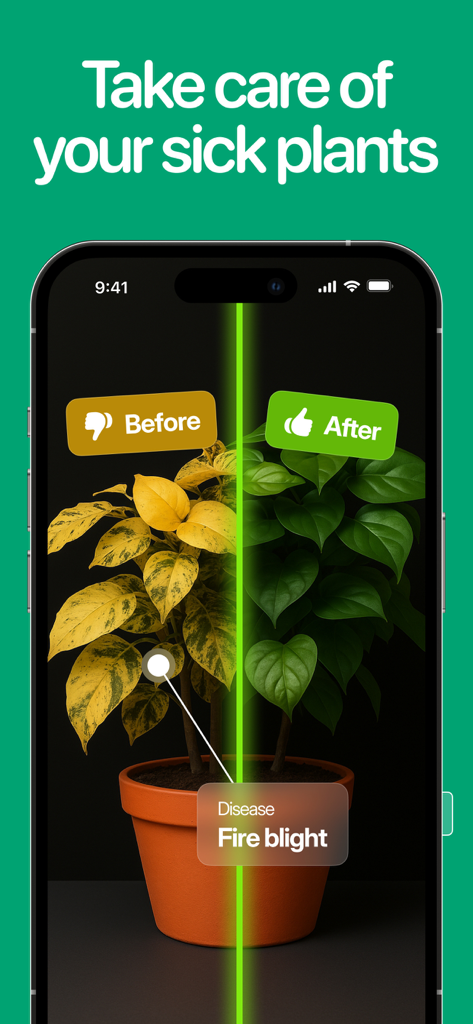 Planto: Plant Identifier - iPhone screen displaying a plant disease diagnosis comparison before and after treatment for Fire blight