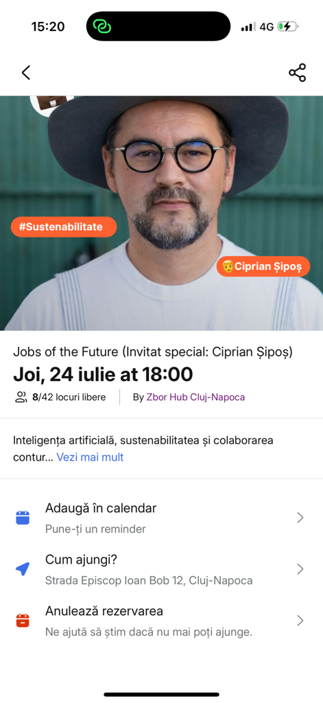 Zbor - Spațiu de Explorat - Capture d'écran d'une page d'événement pour les emplois du futur, mettant en vedette l'invité Ciprian Sipos dans l'application Zbor.