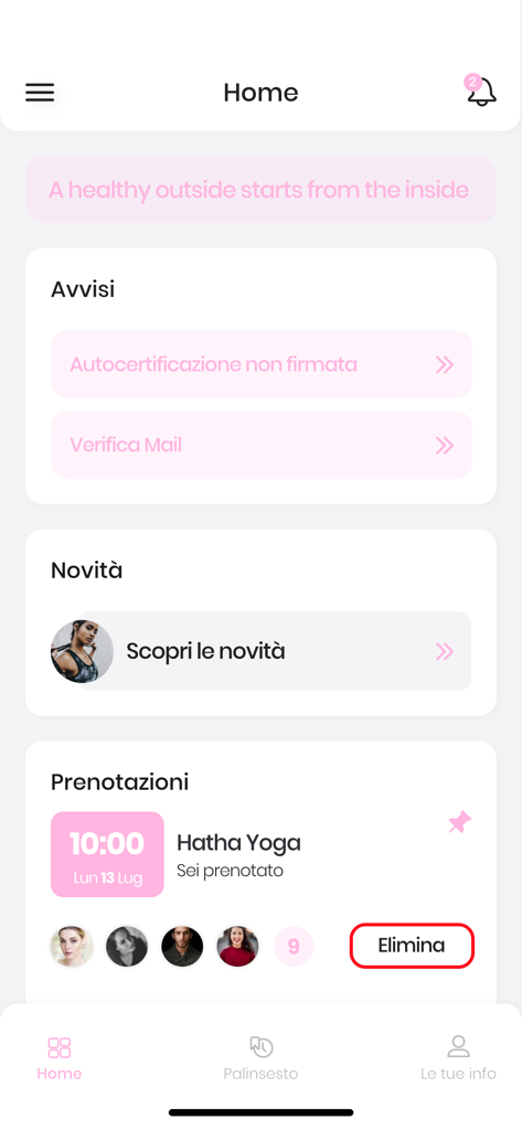 STUDIO 141 PILATES - Schermata principale dell'app STUDIO 141 PILATES con prenotazione lezioni e notifiche