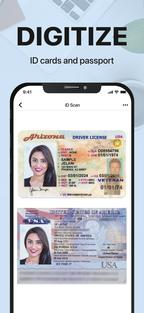 xScan : Document Scanner App - Pantalla de smartphone usando la aplicación xScan para digitalizar una licencia de conducir de Arizona y un pasaporte de EE. UU.