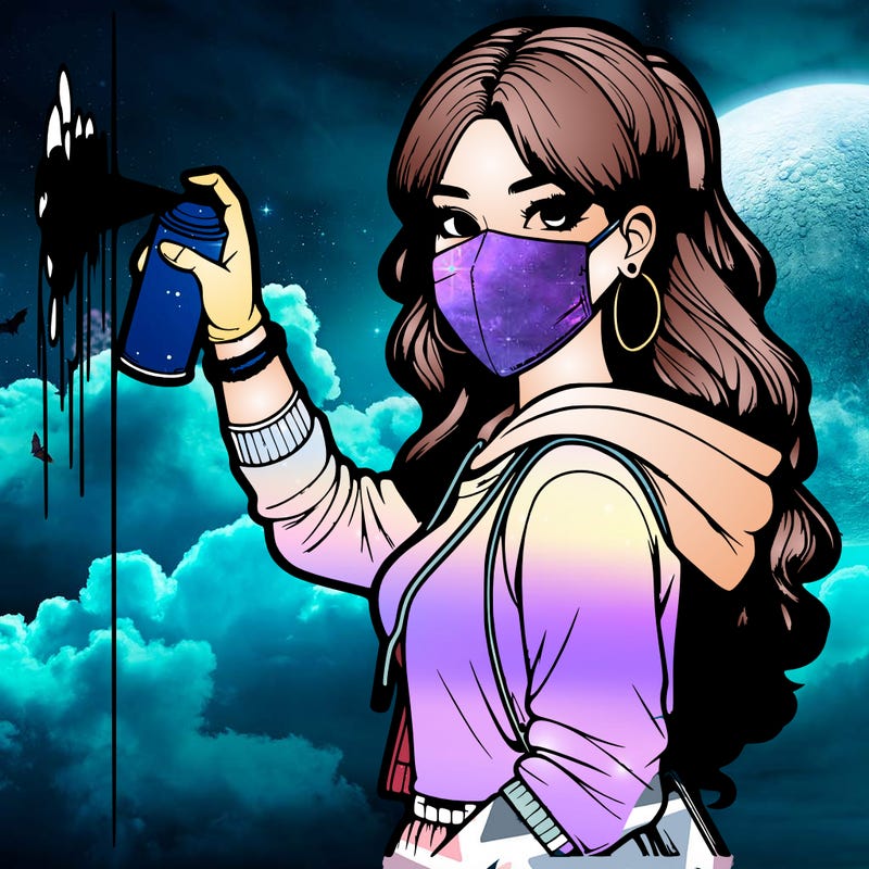 realistic girl with mask spray painting a wall