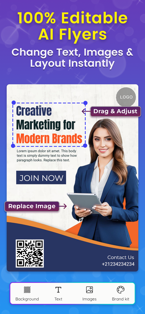 Flyer Maker AI Poster Maker - Interface de l'application Pixeen affichant un flyer IA modifiable pour le marketing avec des fonctions de glisser-déposer et d'ajustement