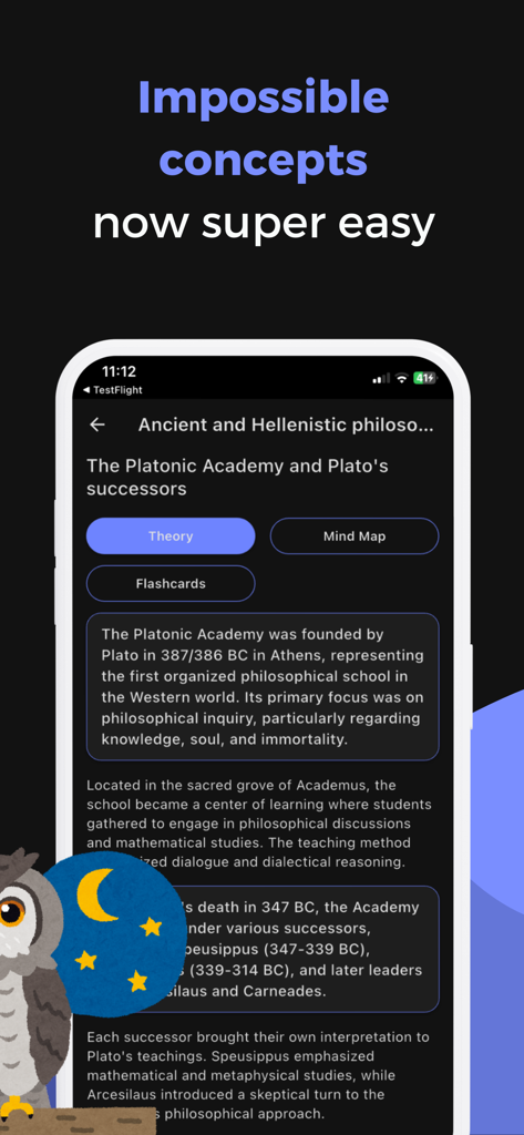 Philosophy Master Learn School - Mobile app screen showing a lesson on the Platonic Academy with interactive study tools like theory and mind maps.
