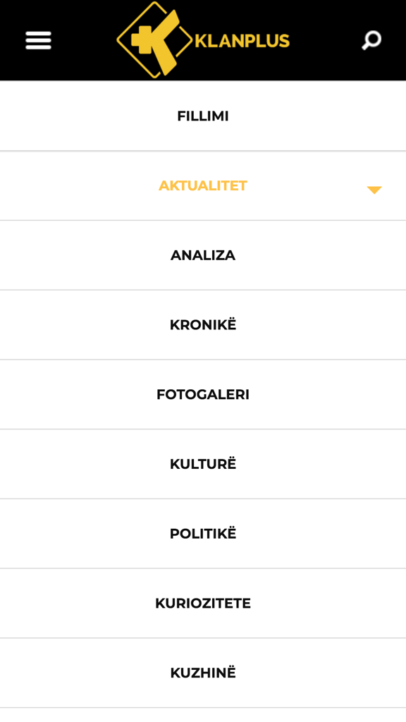 Klan Plus mobile app navigation menu with news categories in Albanian language.