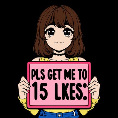 realistic girl holding up a sign that says “pls get me to 15 likes!”