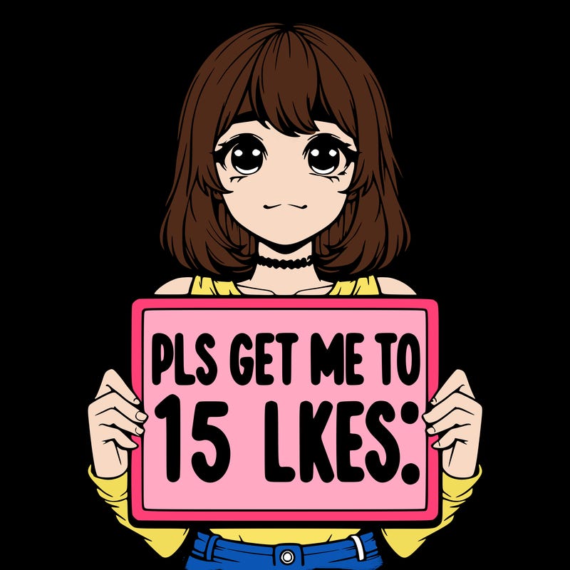 realistic girl holding up a sign that says “pls get me to 15 likes!”