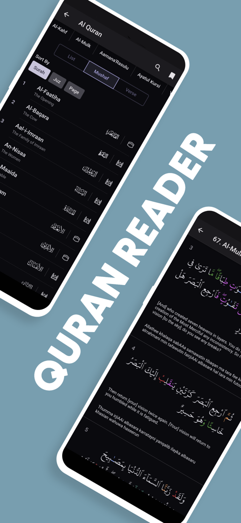 Interface of the Salam App Quran reader showing a list of Surahs and a detailed verse view with translation.