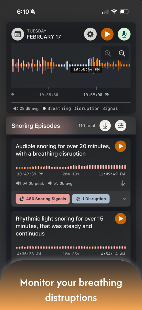 Snore Timeline - Snore Timeline app screen showing detailed snoring episodes and breathing disruption logs with audio waveforms