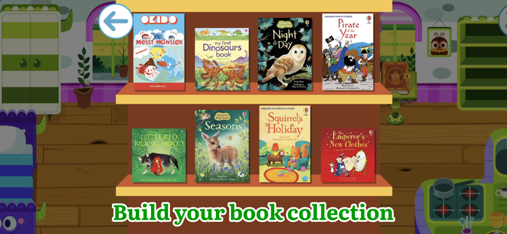 Teach Monster: Reading for Fun - Digital bookshelf with various children's books in the Teach Monster Reading for Fun app