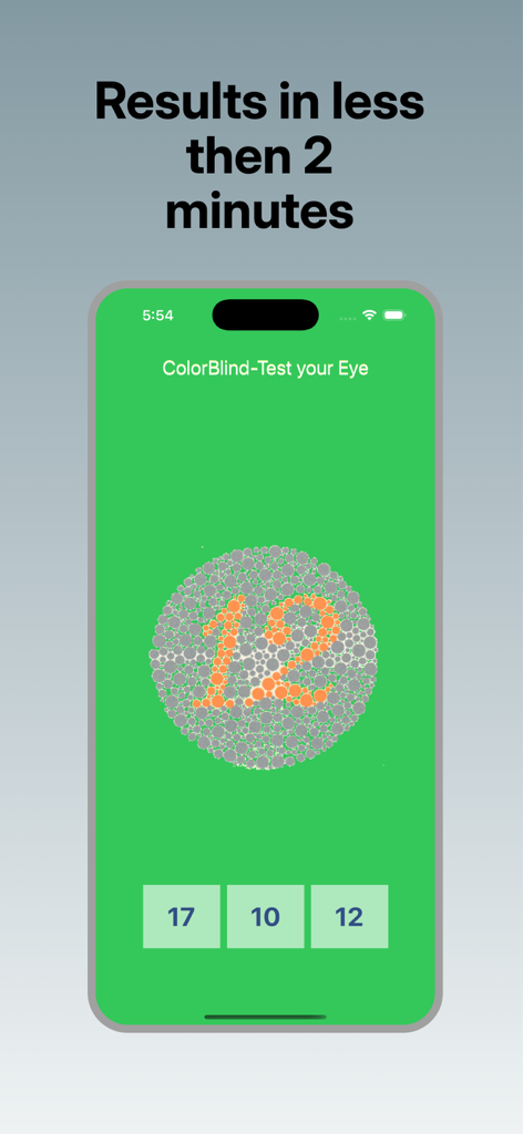 Placa de teste de visão de cores de Ishihara com o número 12 na tela de um aplicativo móvel