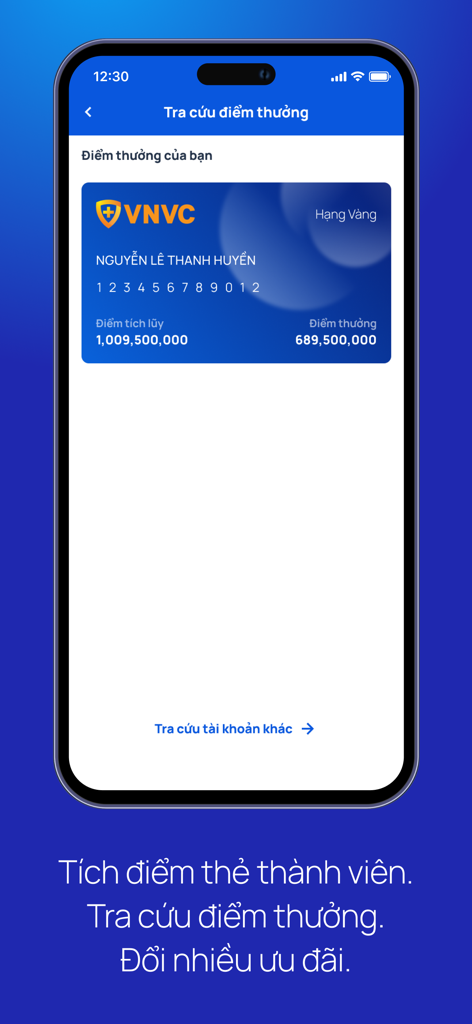 VNVC - Screenshot of the VNVC app showing the membership reward points and loyalty card screen