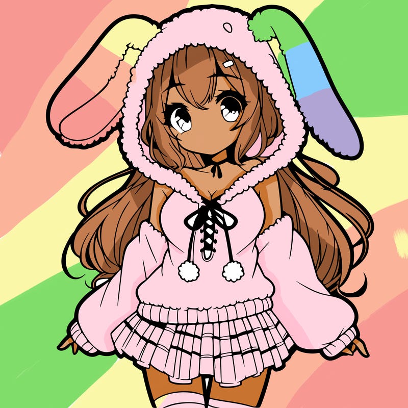 pretty anime girl wearing a fluffy hoodie with bunny ears on the hood and a skirt