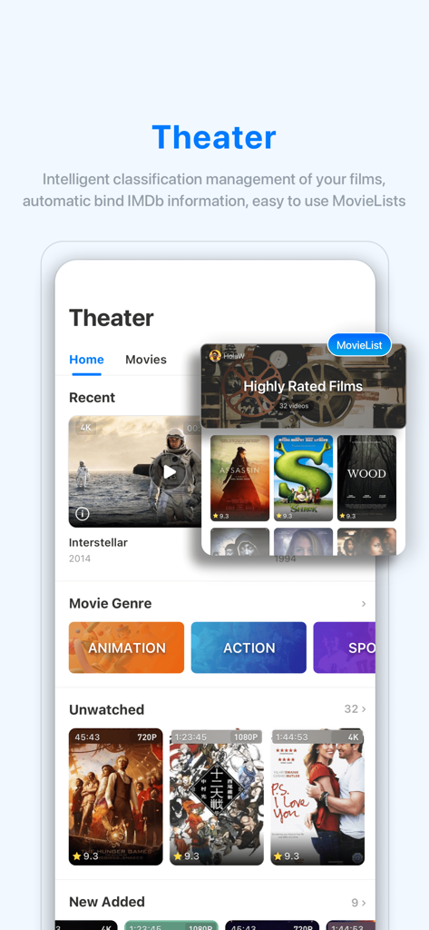Interface du mode Théâtre de l'application FEB montrant une bibliothèque de films personnalisée avec les notes IMDb et les catégories de genres