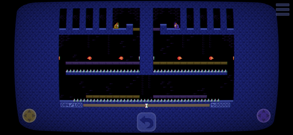 Ambidextro - Jugabilidad de pantalla dividida que muestra a dos personajes navegando por un desafiante nivel de pixel art con pinchos y proyectiles en Ambidextro