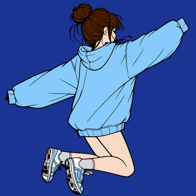 realistic girl jumping with a bun and oversized sweatshirt