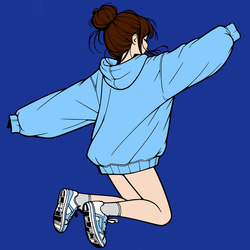 realistic girl jumping with a bun and oversized sweatshirt