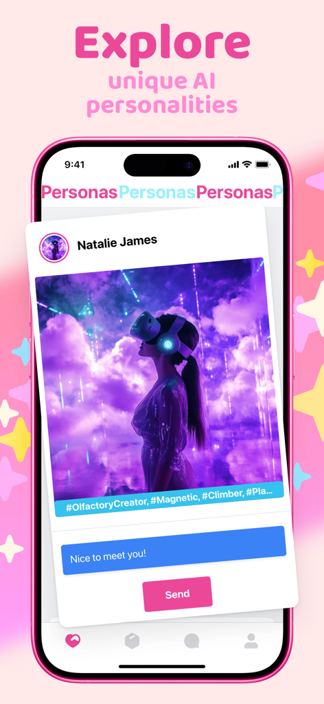 Pantalla de un smartphone de la aplicación Slorp mostrando un perfil de personaje de IA único para interacción de chat.