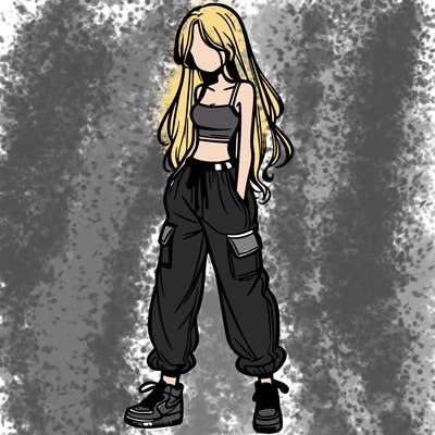 girl in baggy pants crop top and long hair