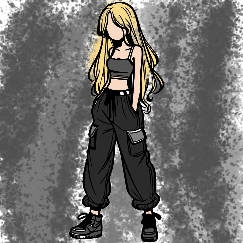 girl in baggy pants crop top and long hair