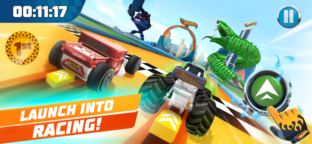 Classic Hot Wheels car and monster truck racing on a stunt track with a giant green cobra and robot obstacle