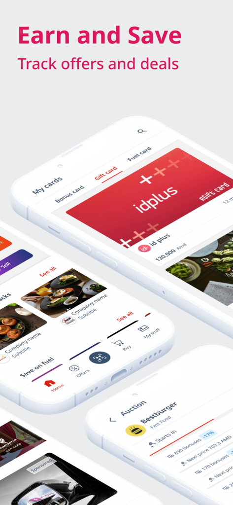 id plus loyalty system - Telas do aplicativo móvel do sistema de fidelidade id plus mostrando cartões digitais e ofertas de compras