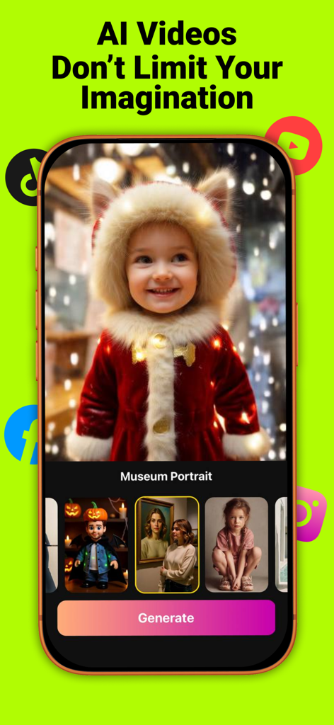 VeivoVerse: AI Video Generator - Pantalla de la aplicación móvil VeivoVerse mostrando la generación de vídeo con IA con estilos creativos e integración en redes sociales.