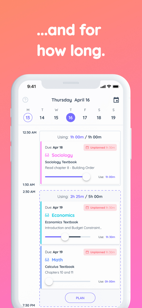 A detailed daily schedule in the Shovel app showing time-blocked study tasks for Sociology, Economics, and Math classes.