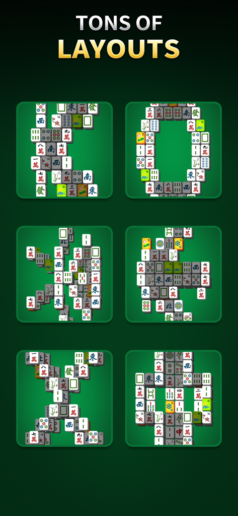 Una variedad de diseños de fichas de Mahjong Solitario que incluyen patrones en forma de letra sobre un fondo verde.