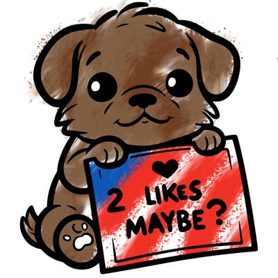 a puppy holding a sign that says 2 likes maybe?