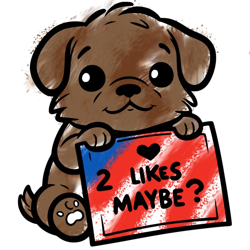 a puppy holding a sign that says 2 likes maybe?