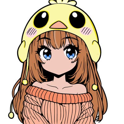anime girl with chick shaped hat with sweater with bare shoulders with bangs covering them one eye with low tail