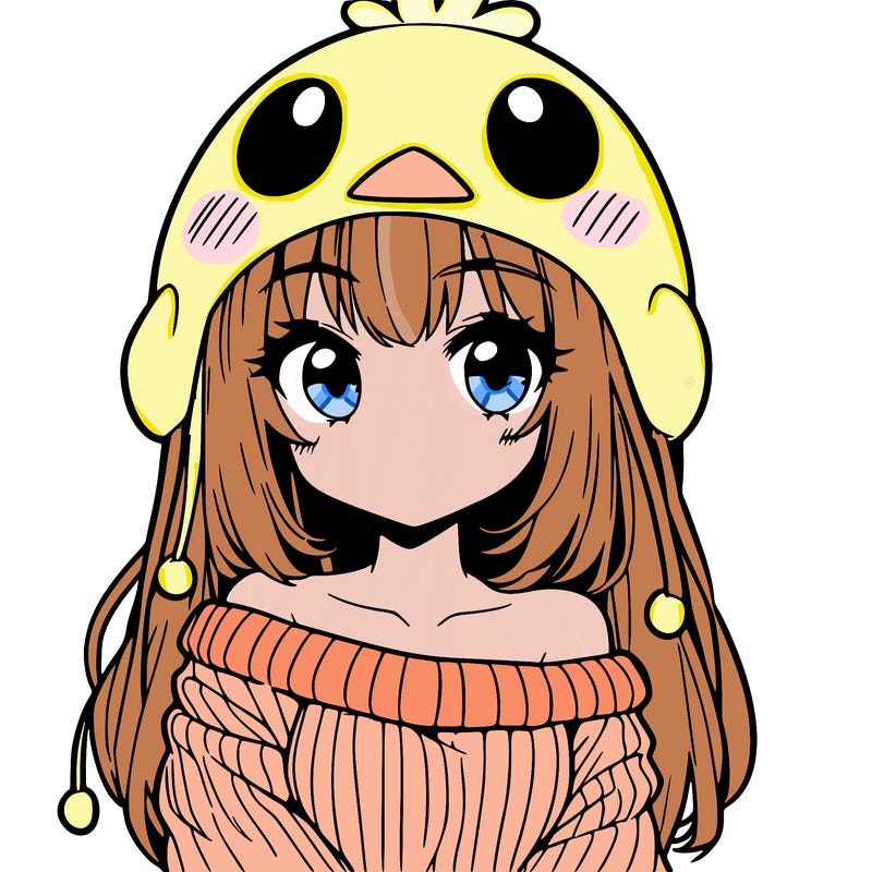 anime girl with chick shaped hat with sweater with bare shoulders with bangs covering them one eye with low tail