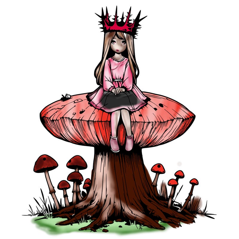 realistic girl sitting on a huge tree stump size toadstool with thorn crown