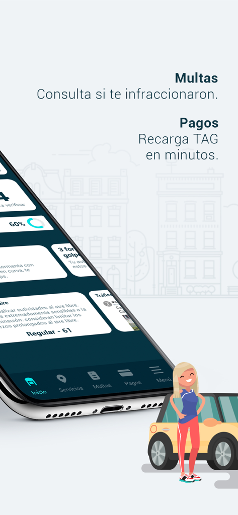 Auto Chilango - Auto Chilango mobile App-Bildschirm mit Verkehrsbussen und Zahlungsdiensten mit einer Charakter- und Autoillustration
