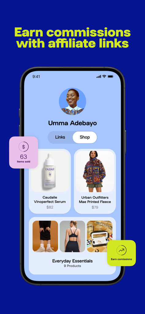 Interface de l'application mobile Linktree affichant une boutique de créateurs avec des liens de produits affiliés et un suivi des commissions