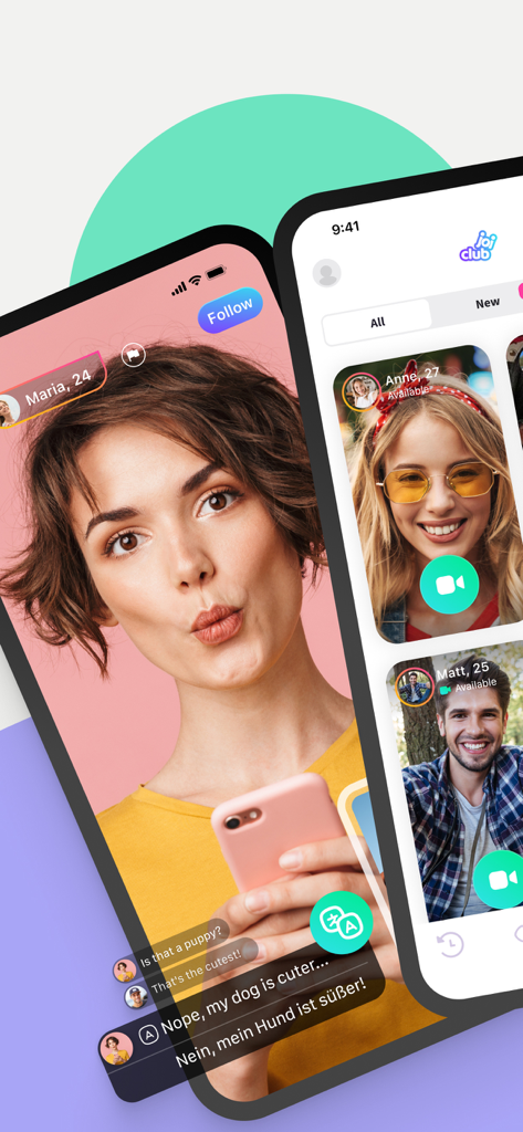 Smartphone screens showing Joi app live video chat with real-time translation and user discovery interface