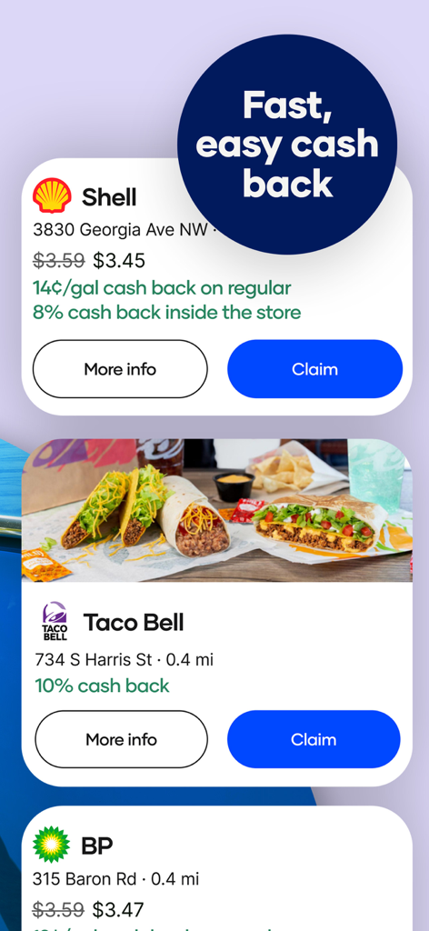 Upside app interface showing cash back offers for Shell gas stations and Taco Bell restaurants