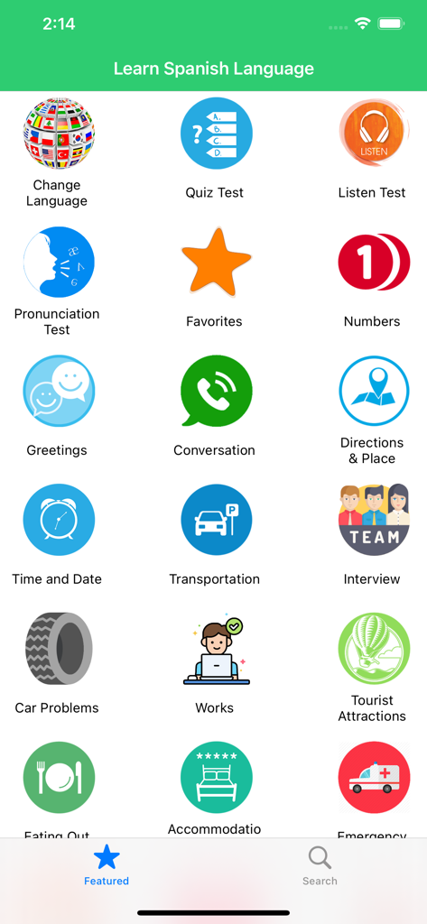 Learn Spanish Language Offline - Main menu of the Learn Spanish Language Offline app displaying icons for various phrase categories like Greetings, Transportation, and Emergency.