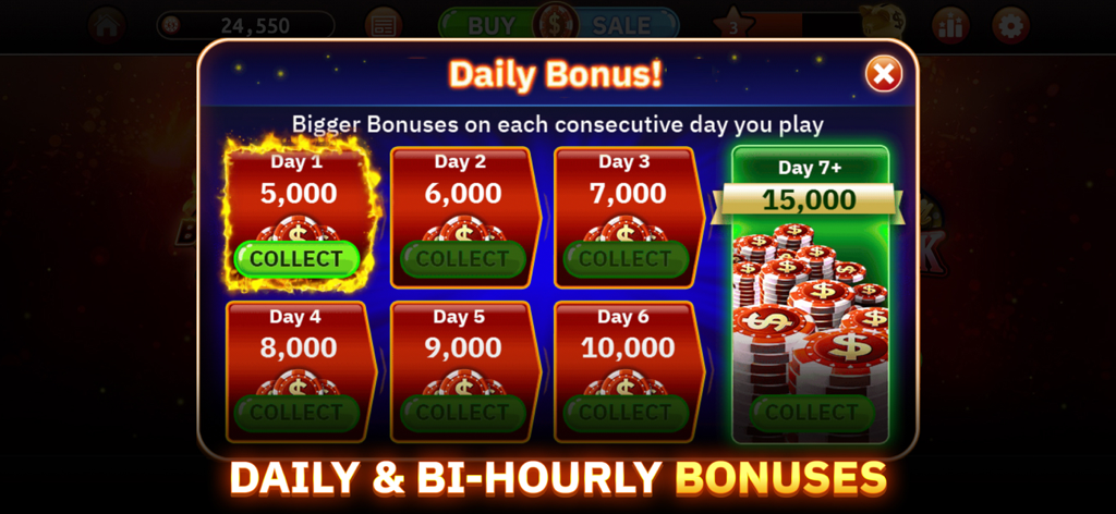 A daily bonus screen in Blazing Bets Blackjack 21 showing increasing free chip rewards for seven consecutive days of play.