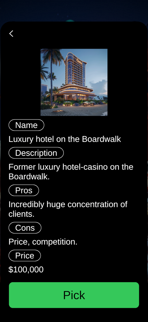 Property selection screen for a luxury hotel on the boardwalk in the Fortune World game