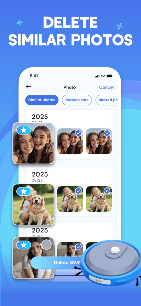 Interfaz de una aplicación de Super Cleaner que muestra grupos de fotos similares seleccionadas para su eliminación para liberar espacio de almacenamiento.