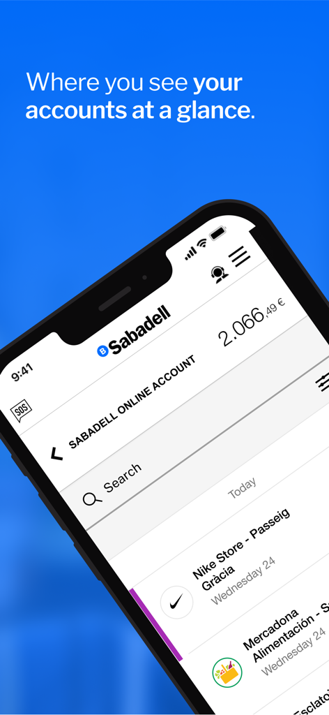 App móvil de Banco Sabadell mostrando el saldo de cuenta en línea y transacciones