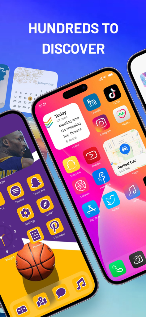 Multiple iPhone screens showing aesthetic custom widgets and icon themes.