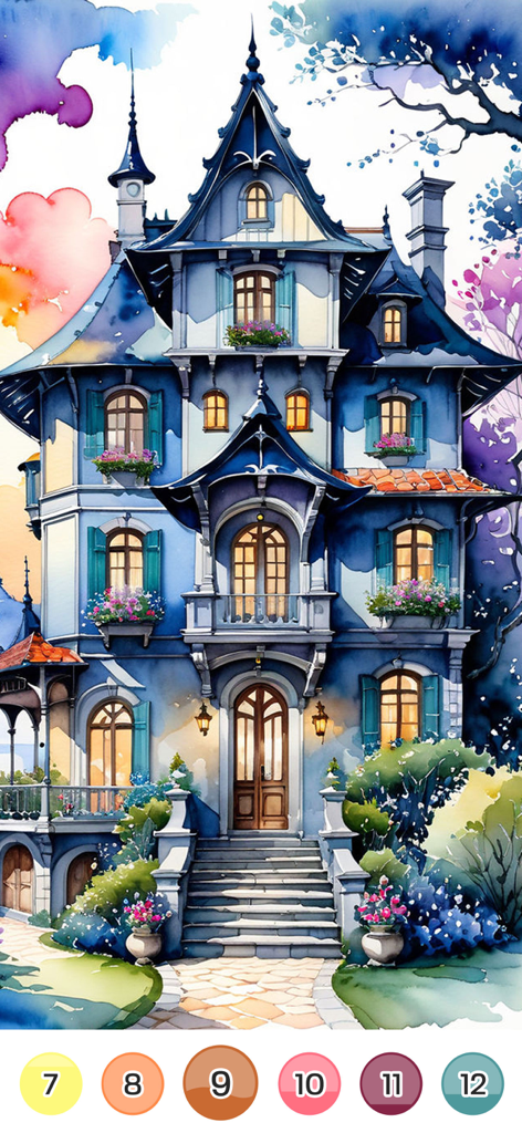 Color Up: Color By Number - A blue Victorian house illustration in a color by number game